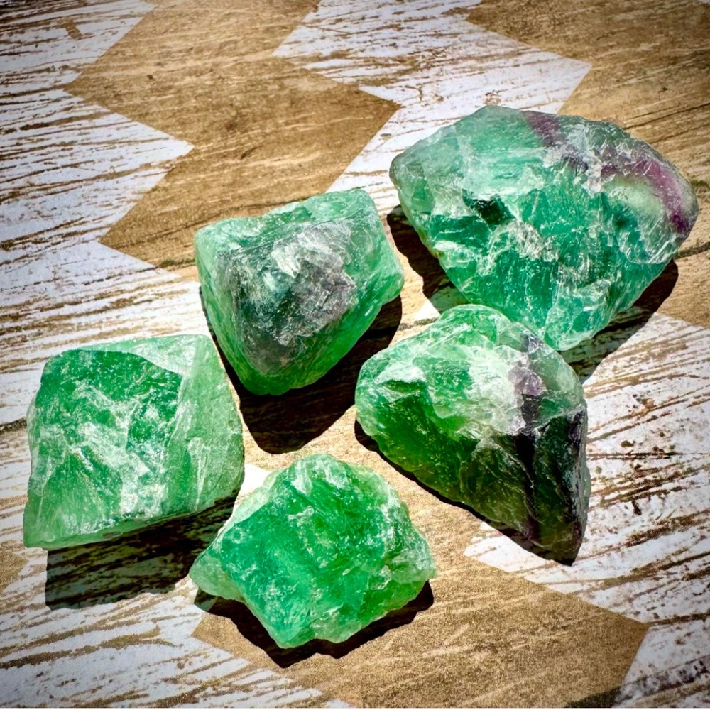 Raw Green fluorite crystals rough gemstones